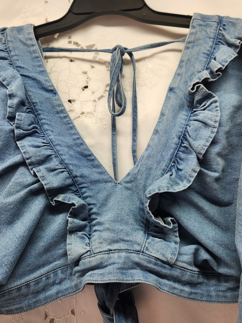 SHEIN Light Blue Denim Ruffle Tie-Back Crop Top - Women - Picture 3 of 5